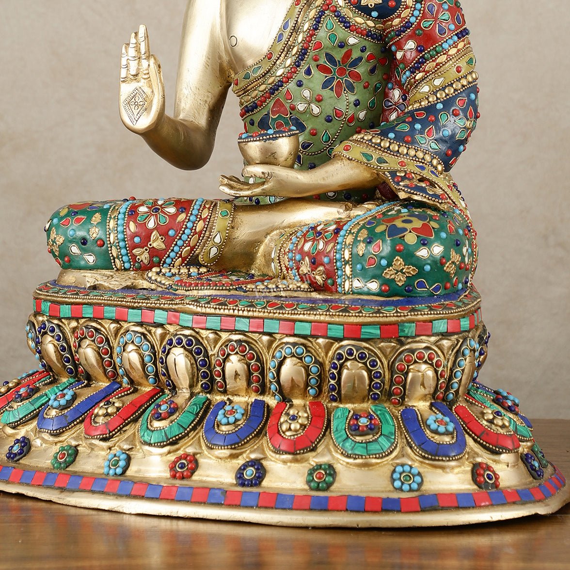 Pure Brass Blessing Buddha Idol with Mosaic Floral Stonework - 20 Inch - Budhshiv.com