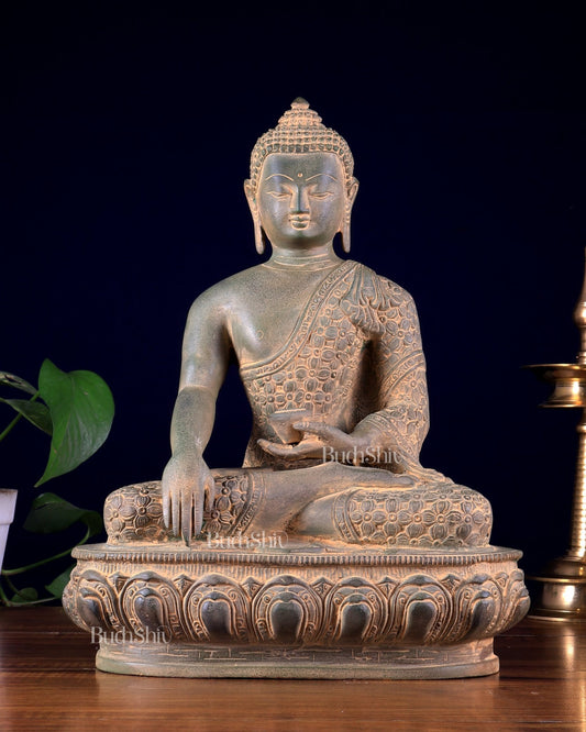 Pure Brass blessing Buddha Sculpture - 13" antique sand finish - Budhshiv.com