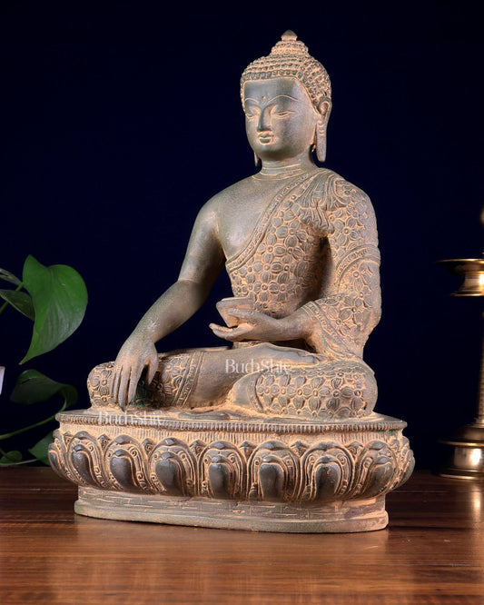 Pure Brass blessing Buddha Sculpture - 13" antique sand finish - Budhshiv.com