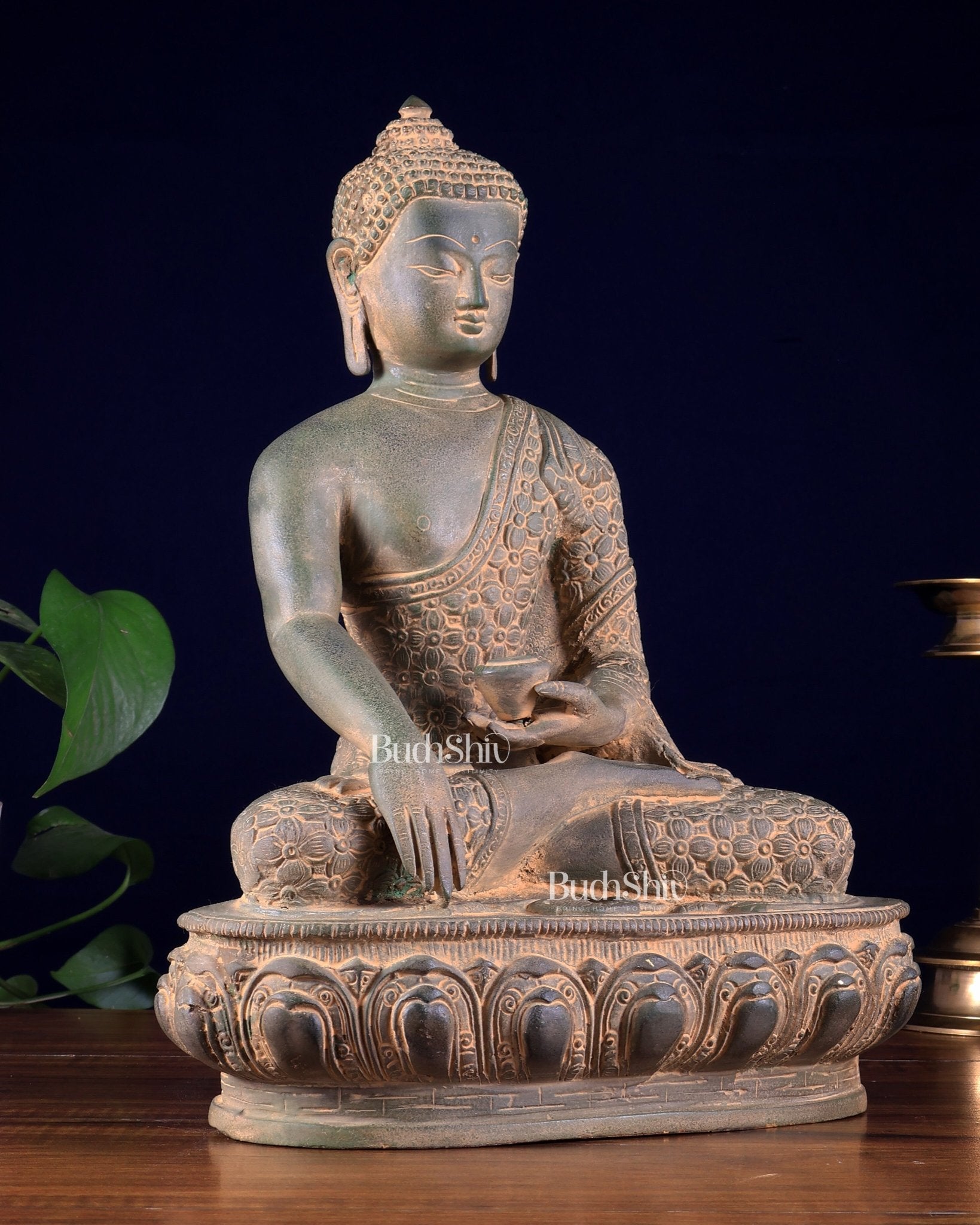Pure Brass blessing Buddha Sculpture - 13" antique sand finish - Budhshiv.com