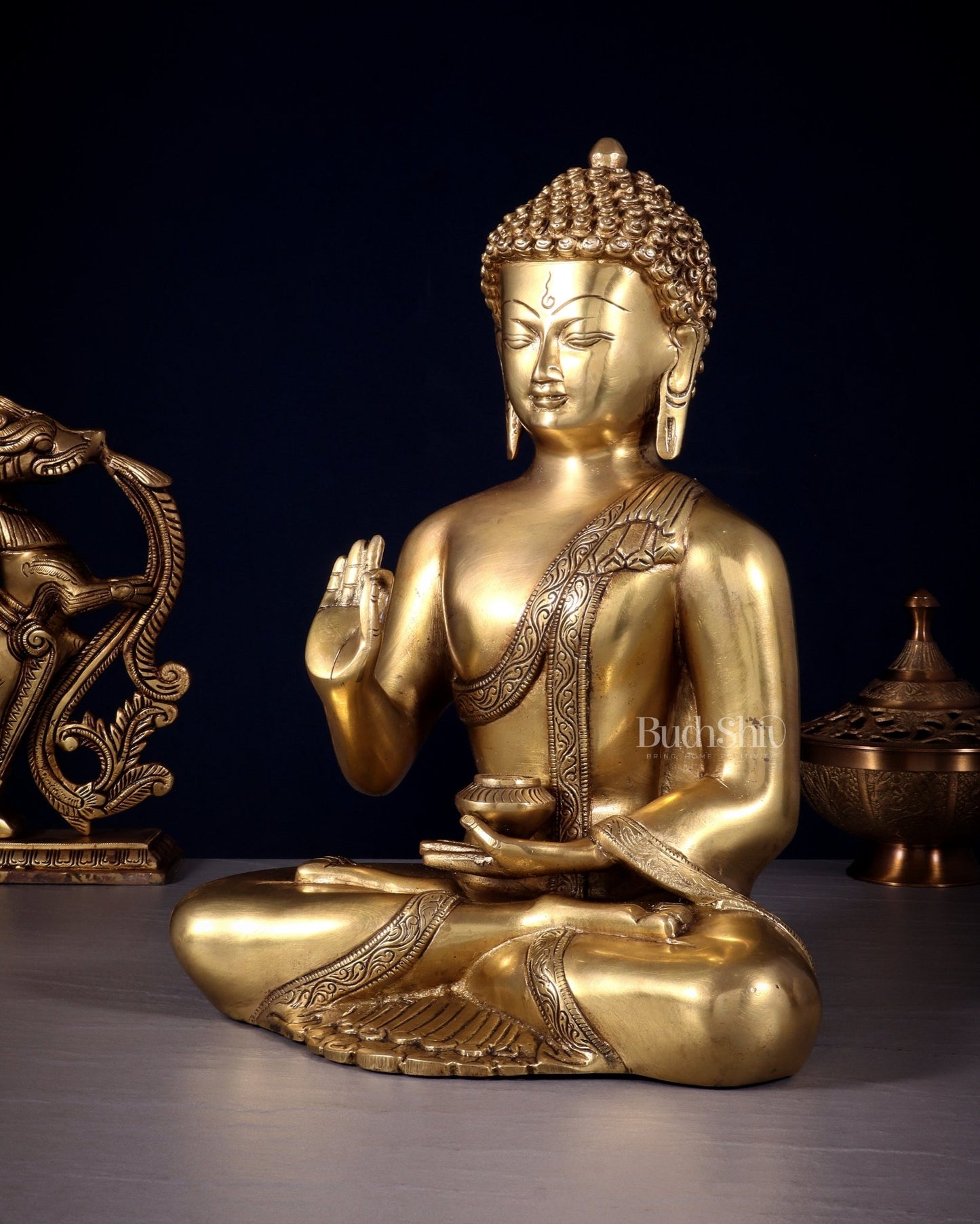 Pure Brass Blessing Buddha Statue 12 simple sober design - Budhshiv.com
