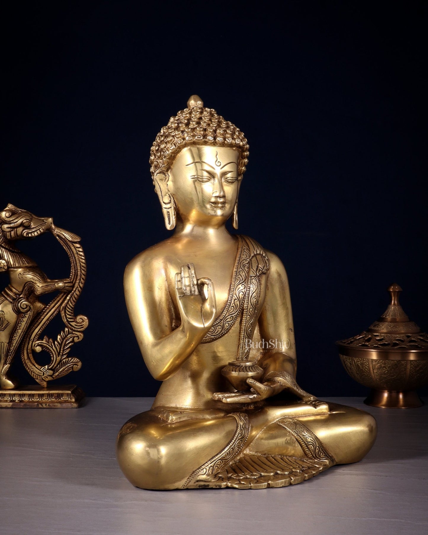 Pure Brass Blessing Buddha Statue 12 simple sober design - Budhshiv.com