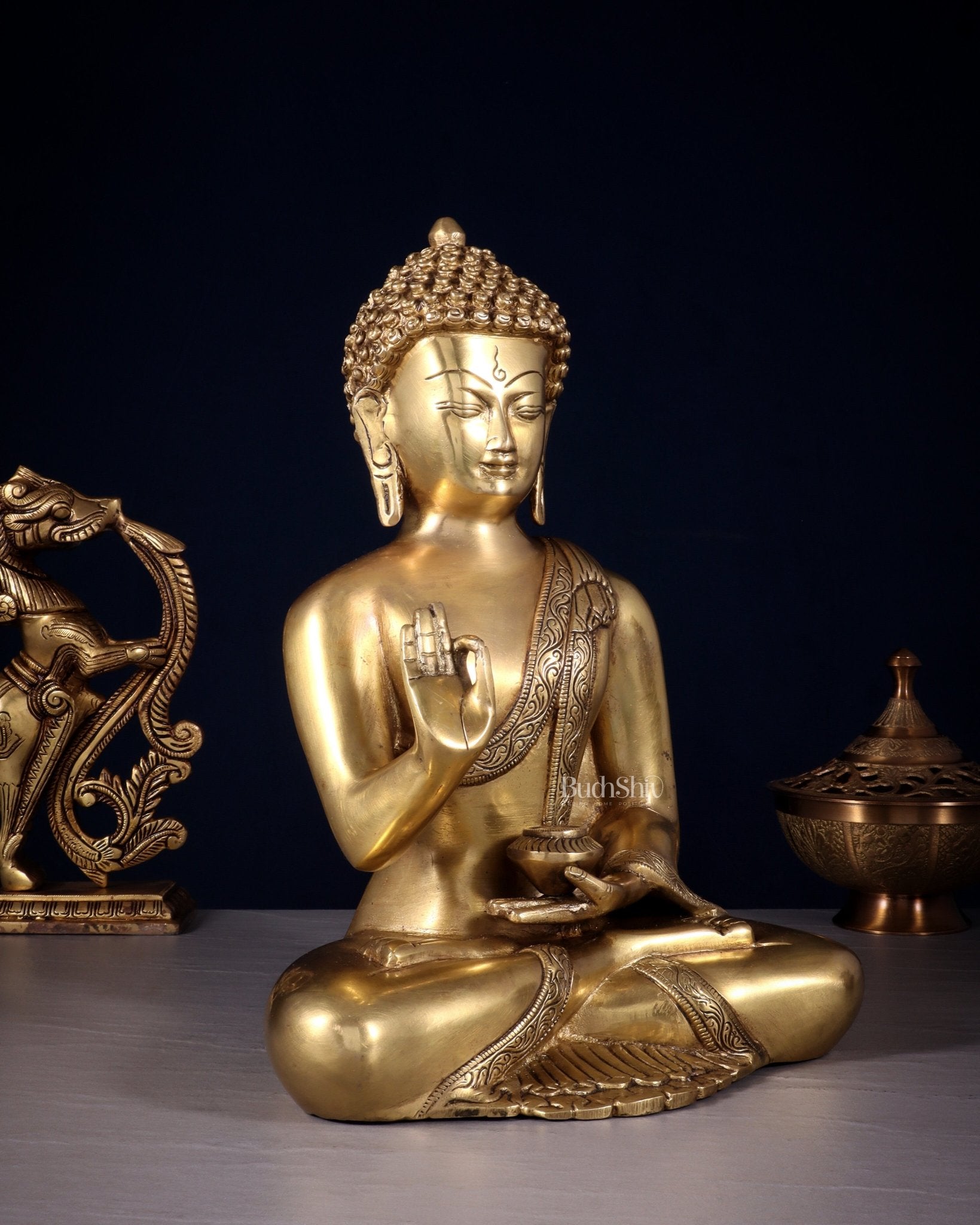 Pure Brass Blessing Buddha Statue 12 simple sober design - Budhshiv.com