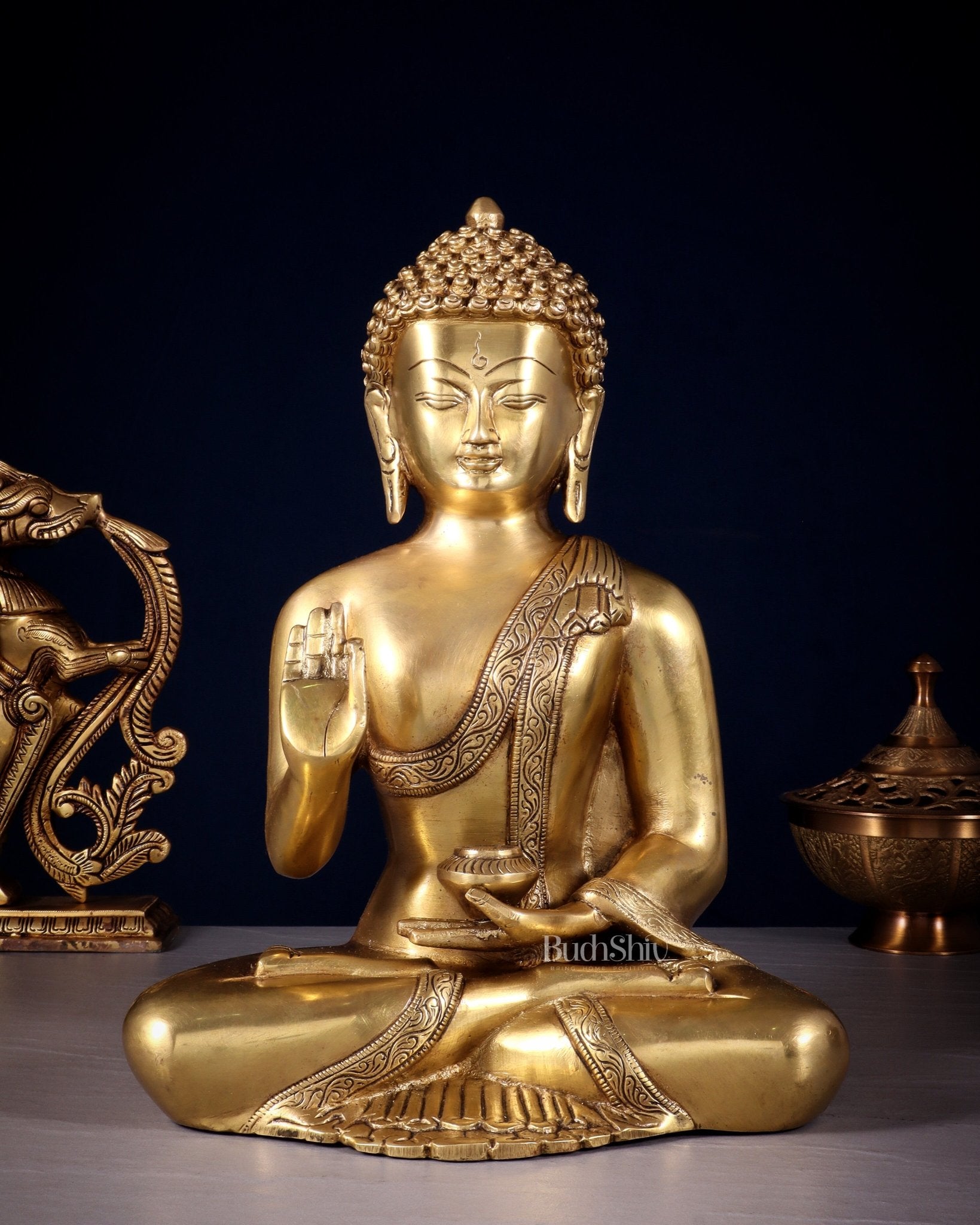 Pure Brass Blessing Buddha Statue 12 simple sober design - Budhshiv.com