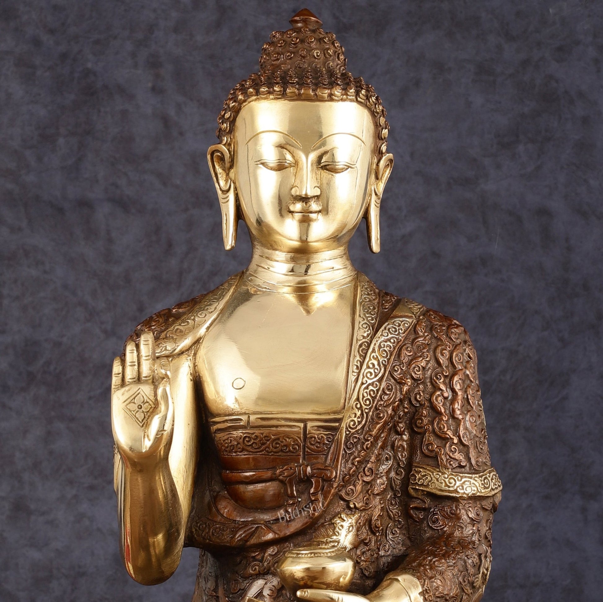 Pure Brass Blessing Buddha Statue - 17" | Dual Tone Beauty - Budhshiv.com