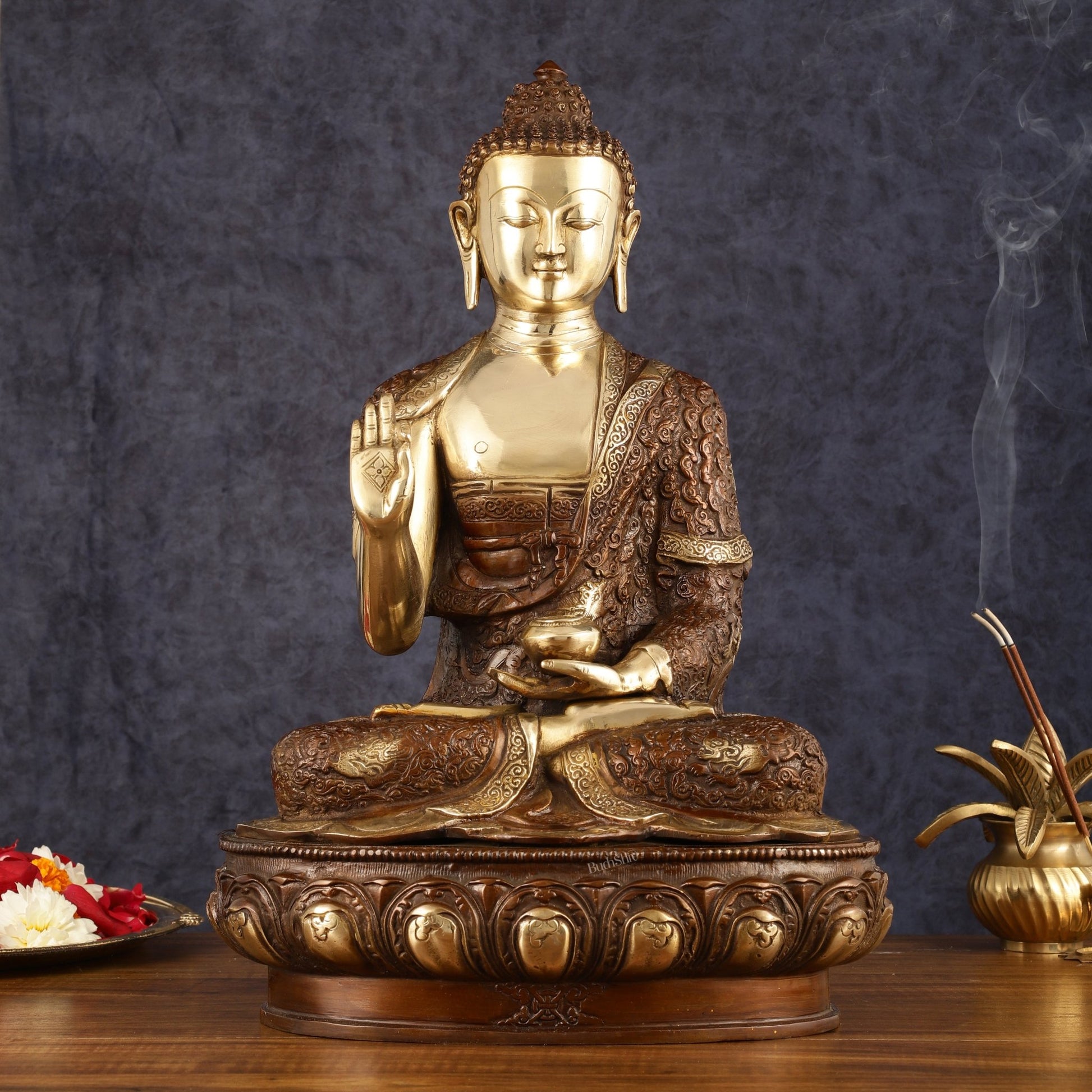 Pure Brass Blessing Buddha Statue - 17" | Dual Tone Beauty - Budhshiv.com
