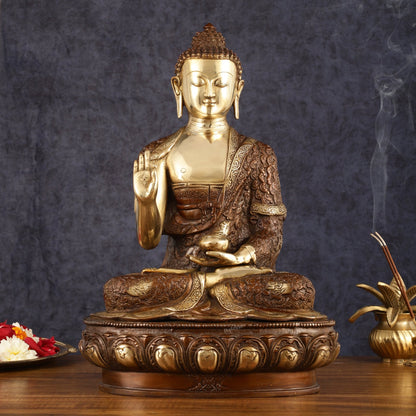 Pure Brass Blessing Buddha Statue - 17" | Dual Tone Beauty - Budhshiv.com