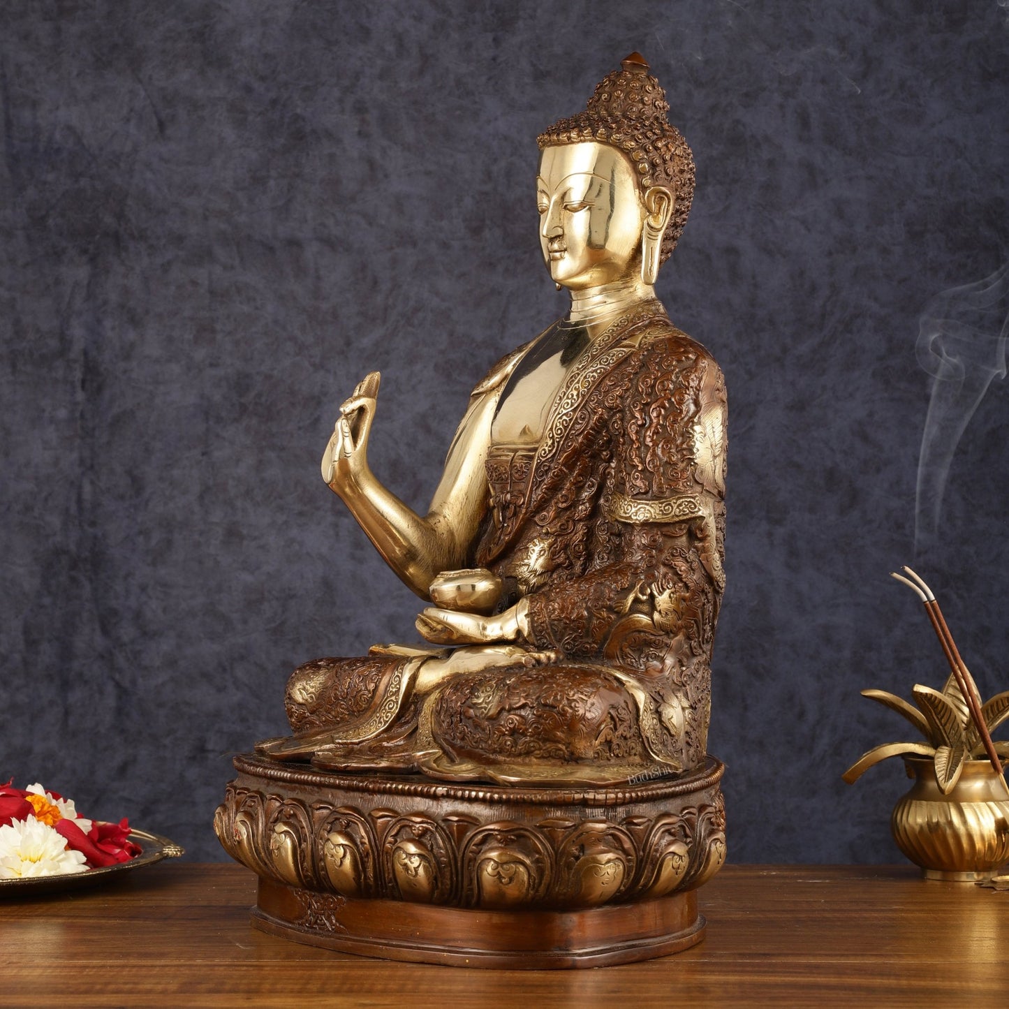 Pure Brass Blessing Buddha Statue - 17" | Dual Tone Beauty - Budhshiv.com