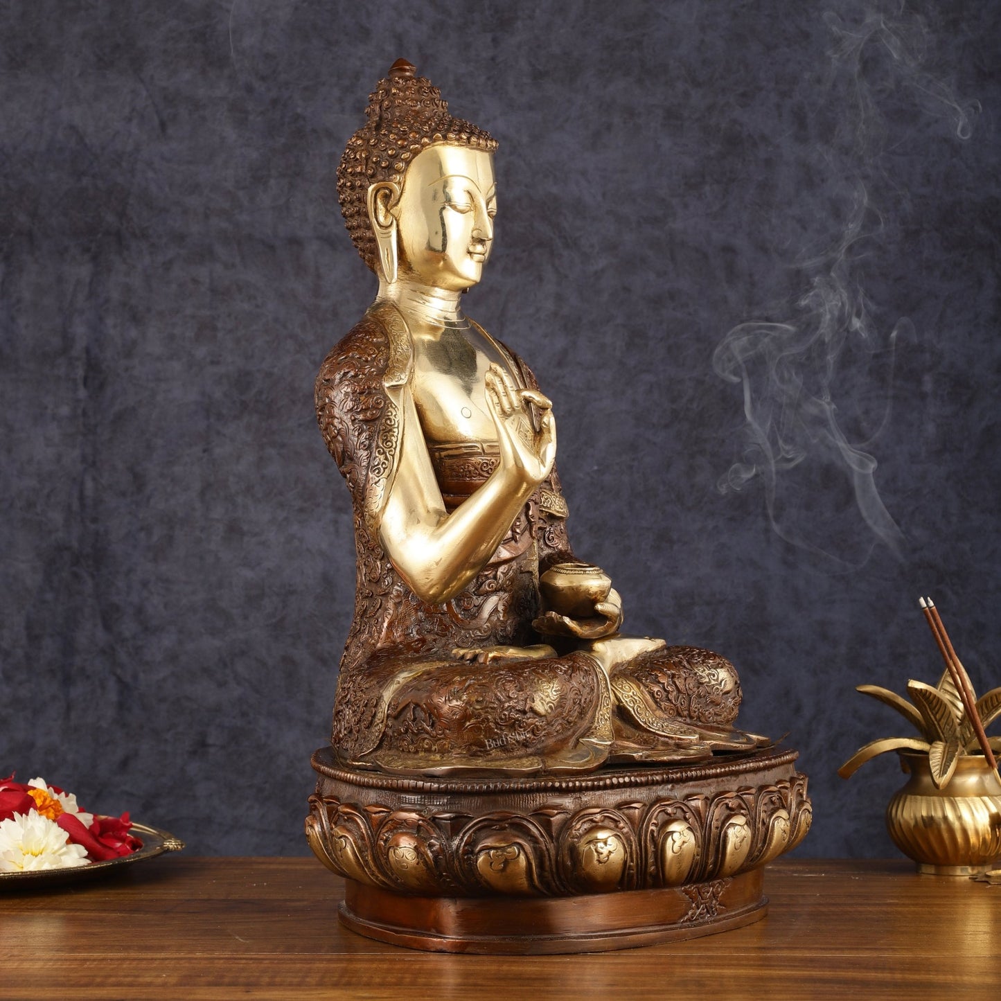 Pure Brass Blessing Buddha Statue - 17" | Dual Tone Beauty - Budhshiv.com