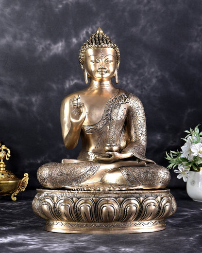 Pure Brass Blessing Buddha Statue with Intricate Carvings – Handcrafted Spiritual Sculpture (15 Inch) - Budhshiv.com