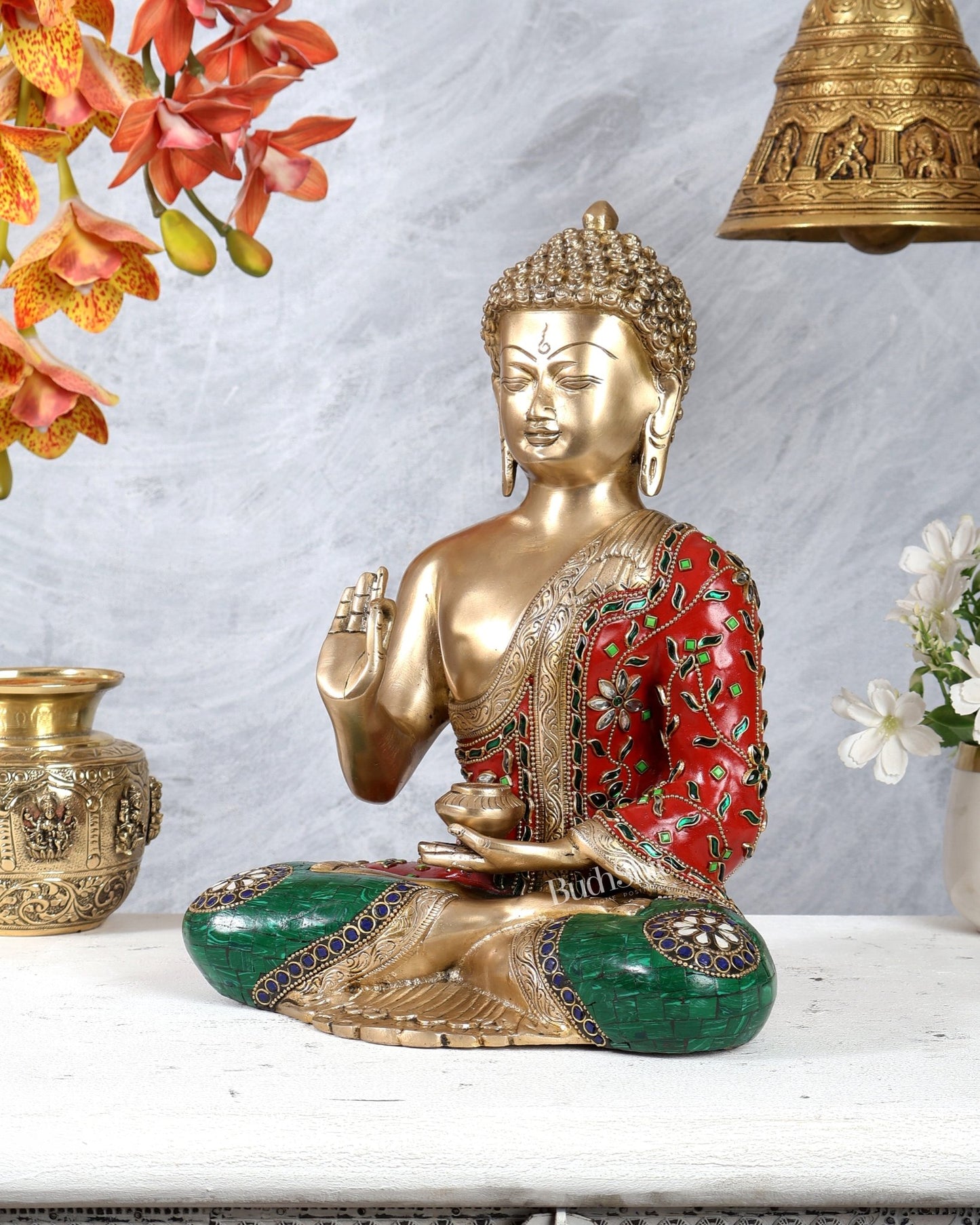 Pure Brass Blessing Buddha Statue with meenakari Stonework 12 inch - Budhshiv.com