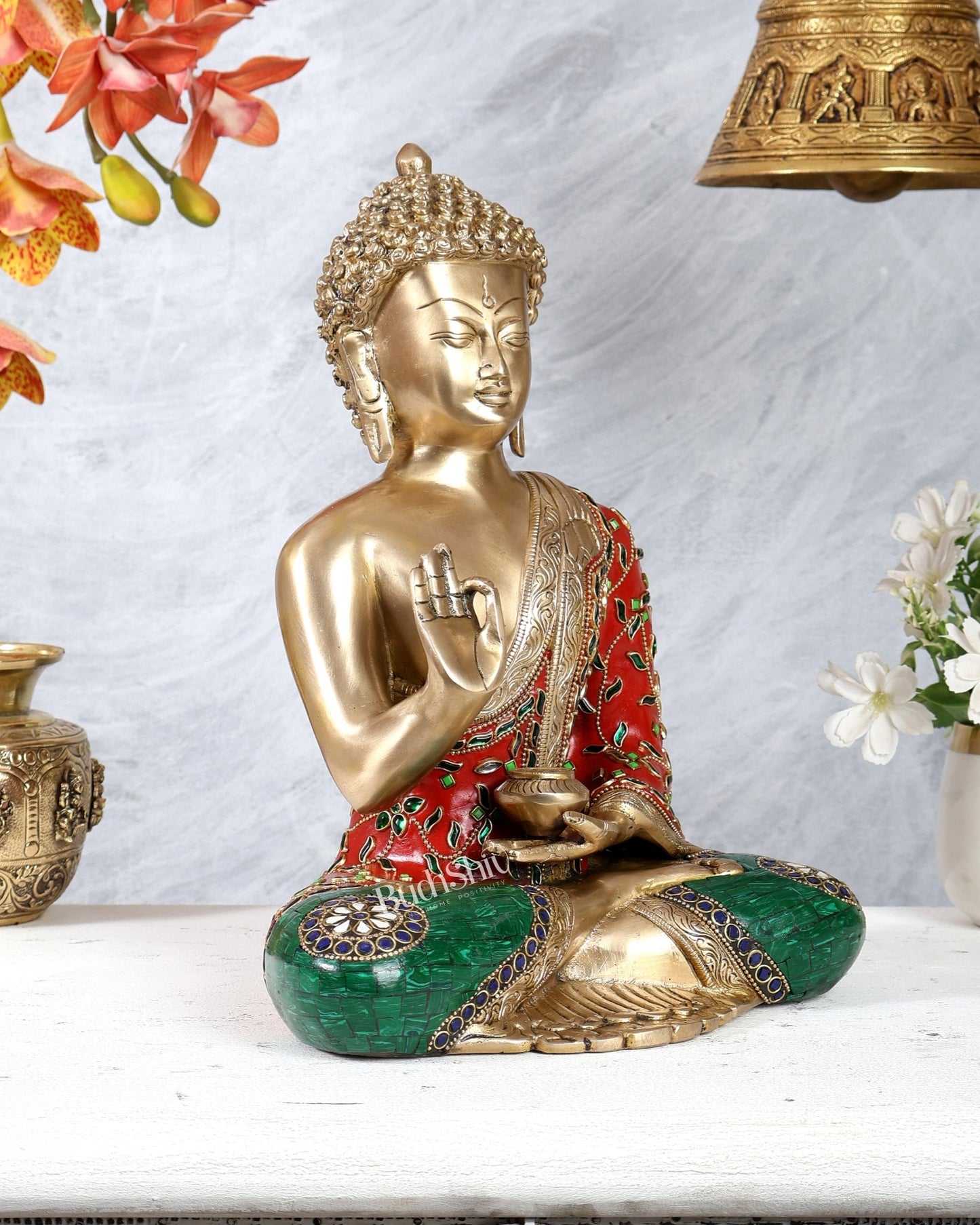 Pure Brass Blessing Buddha Statue with meenakari Stonework 12 inch - Budhshiv.com