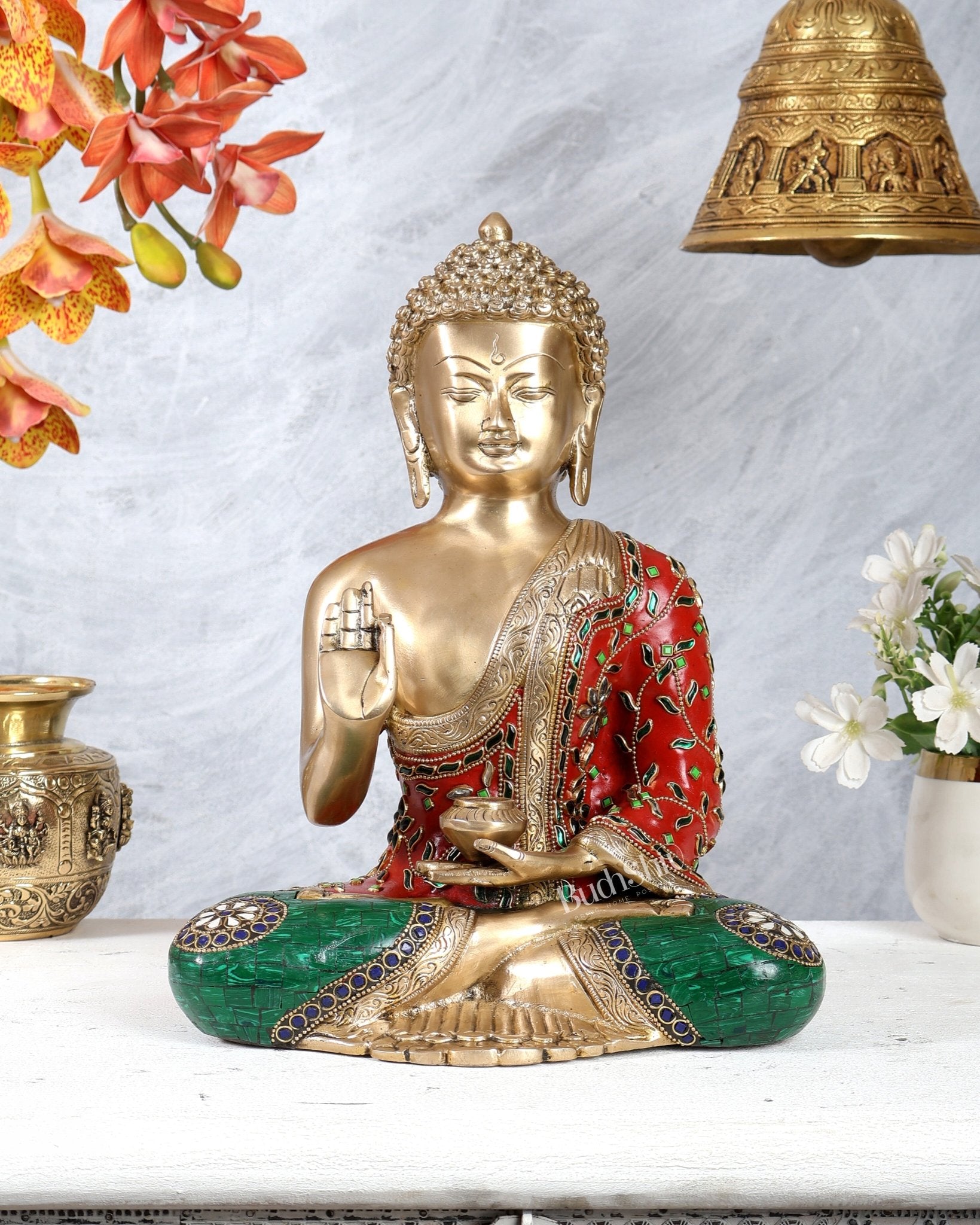 Pure Brass Blessing Buddha Statue with meenakari Stonework 12 inch - Budhshiv.com