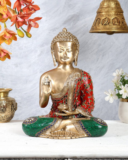 Pure Brass Blessing Buddha Statue with meenakari Stonework 12 inch - Budhshiv.com