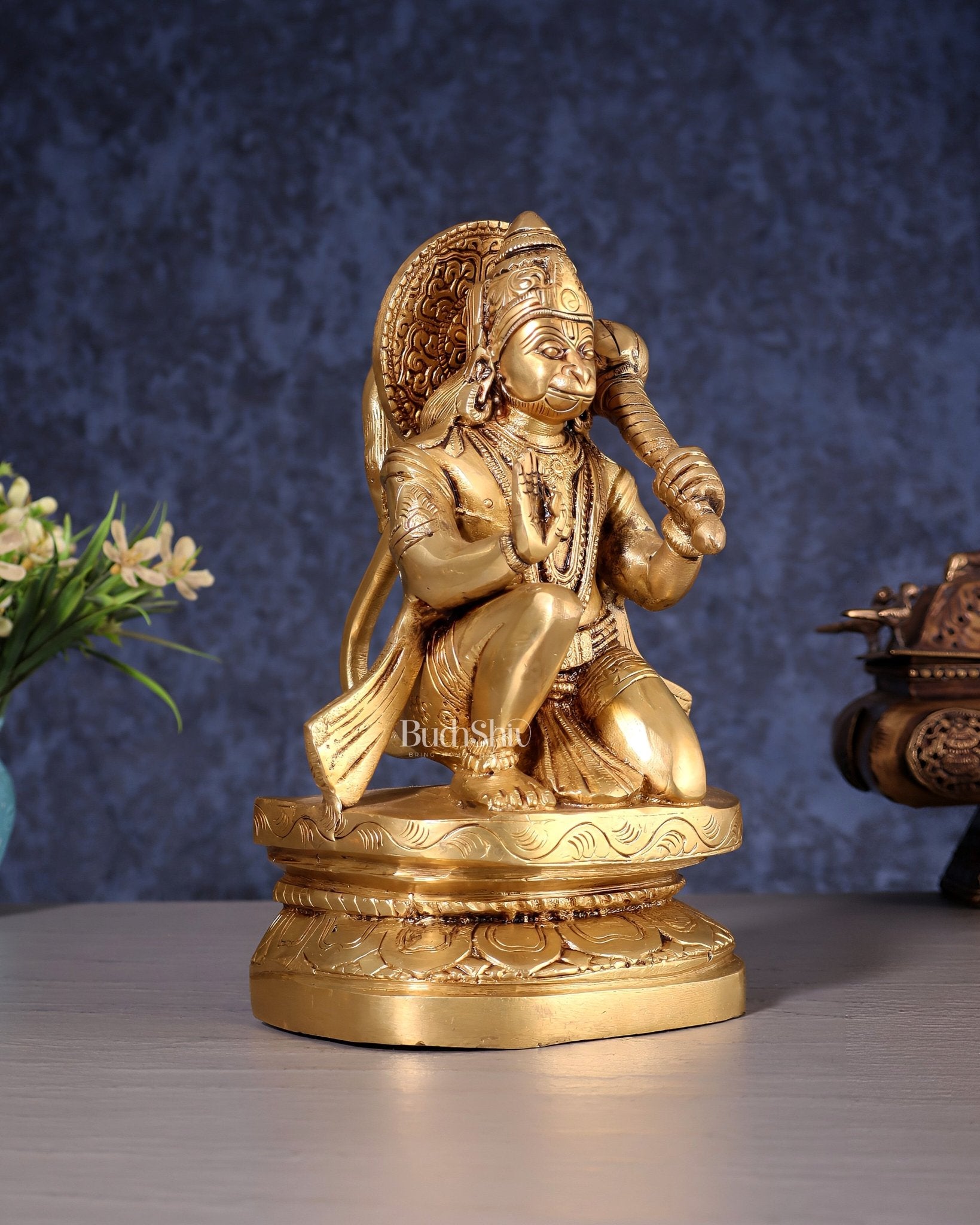 Pure Brass Blessing Hanuman Idol - 8" Enhanced carvings - Budhshiv.com