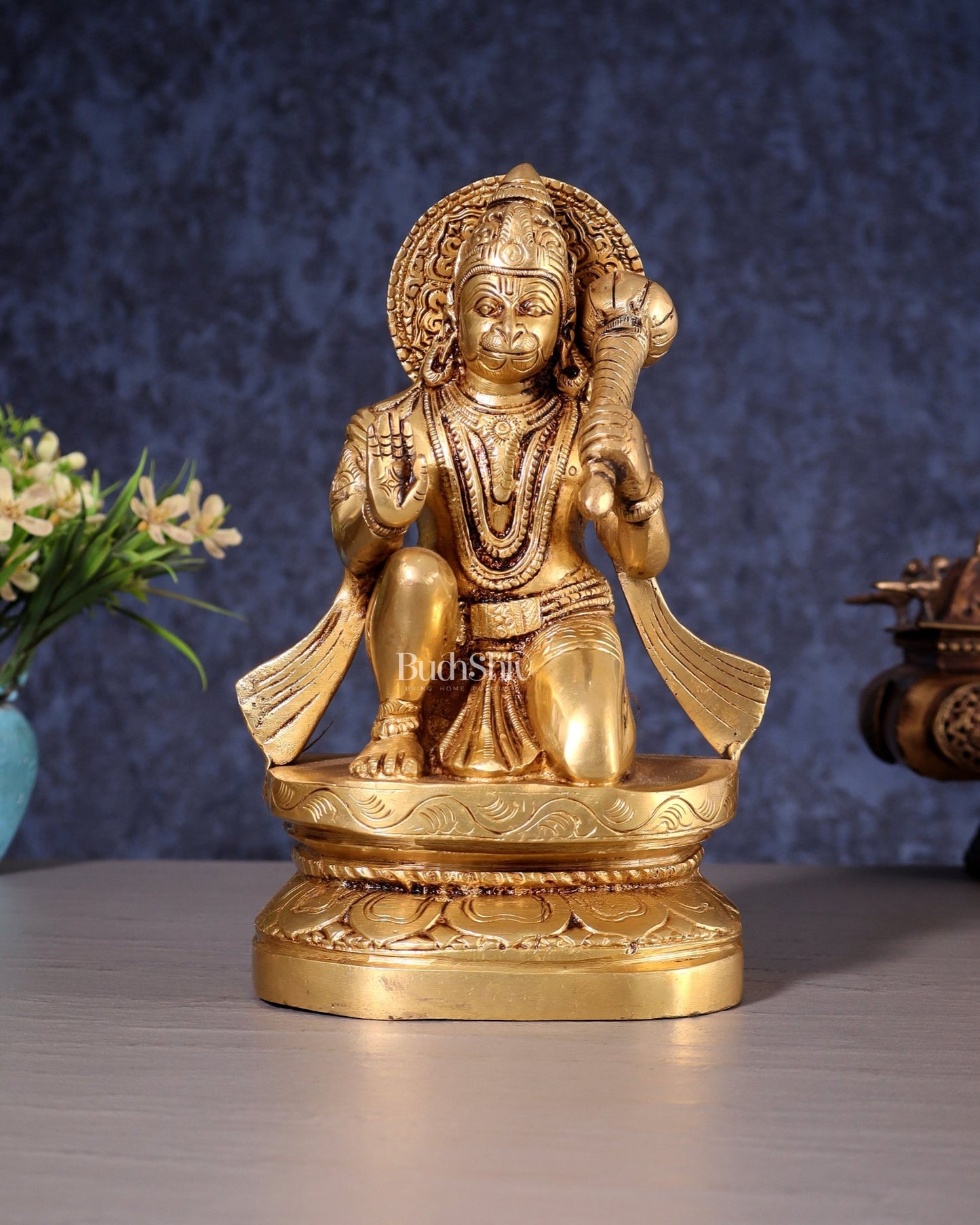 Pure Brass Blessing Hanuman Idol - 8" Enhanced carvings - Budhshiv.com
