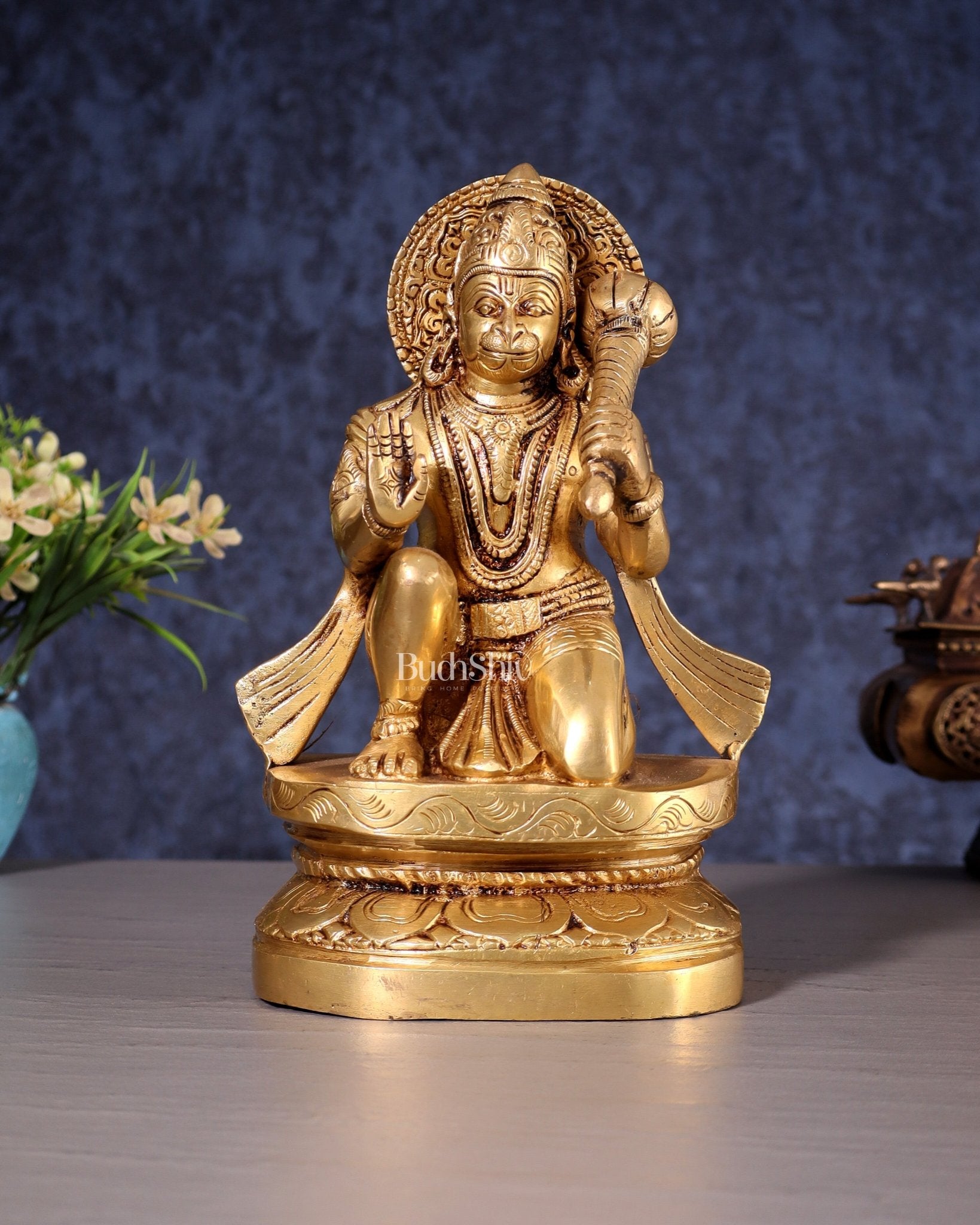 Pure Brass Blessing Hanuman Idol - 8" Enhanced carvings - Budhshiv.com