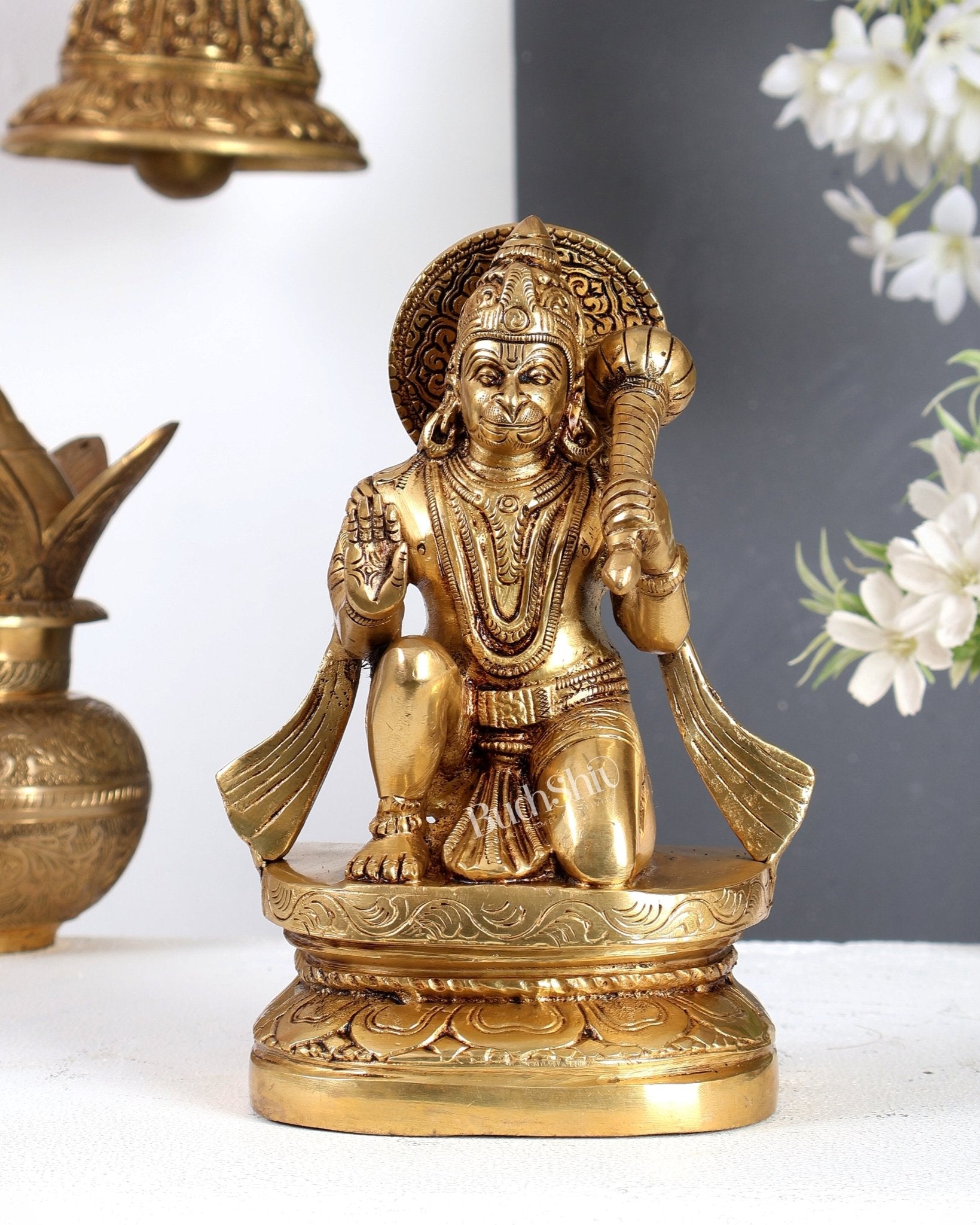 Pure Brass Blessing Hanuman Idol - 8 inch tall enhanced - Budhshiv.com