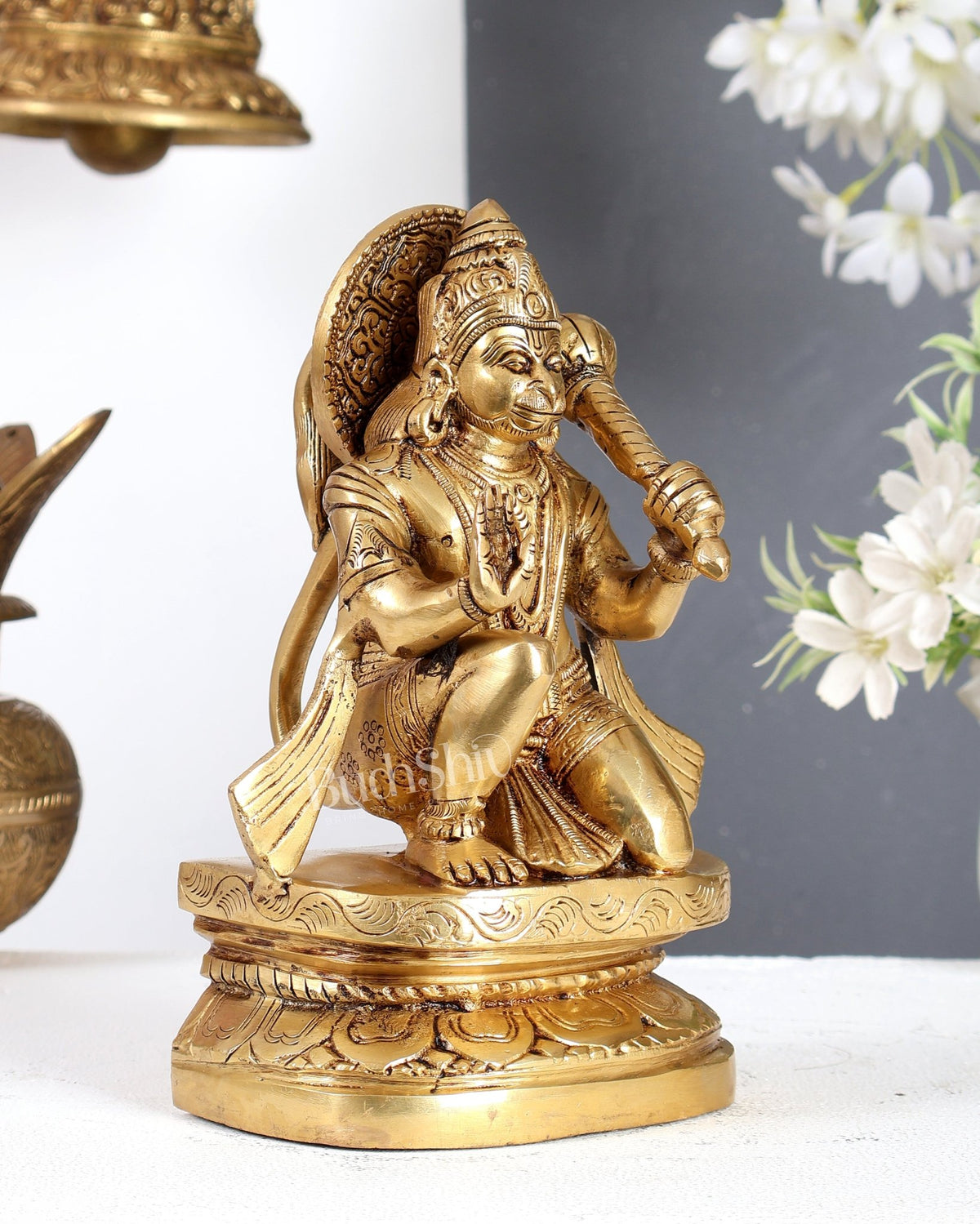 Pure Brass Blessing Hanuman Idol - 8 inch tall enhanced - Budhshiv.com