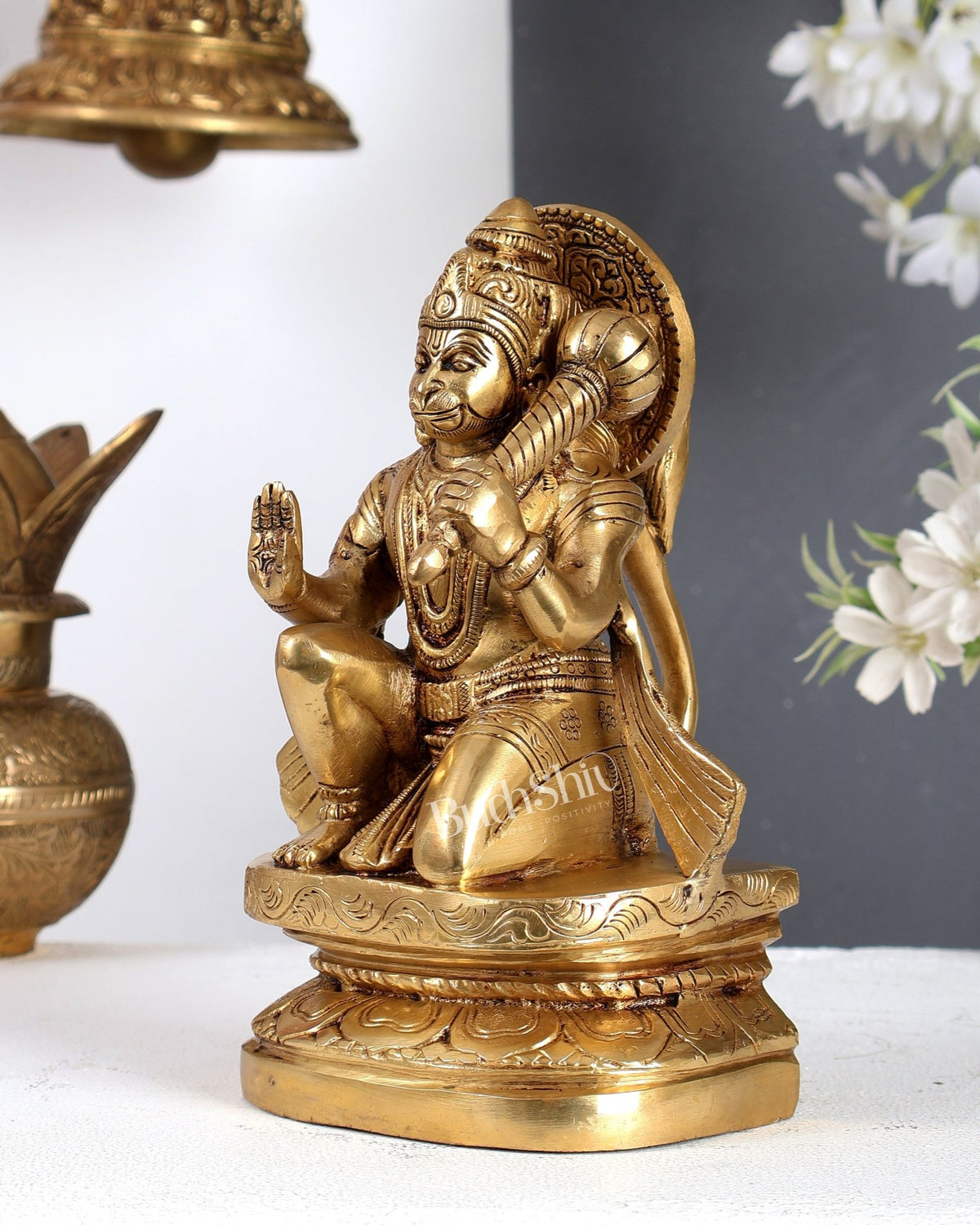 Pure Brass Blessing Hanuman Idol - 8 inch tall enhanced - Budhshiv.com