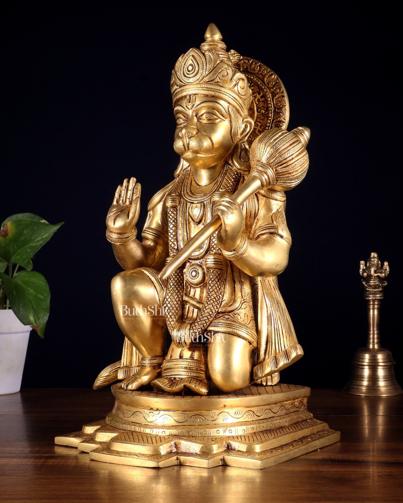 Pure Brass Blessing Hanuman Idol – Kneeling Pose with Right Leg Up 14 inch - Budhshiv.com
