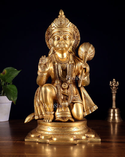Pure Brass Blessing Hanuman Idol – Kneeling Pose with Right Leg Up 14 inch - Budhshiv.com