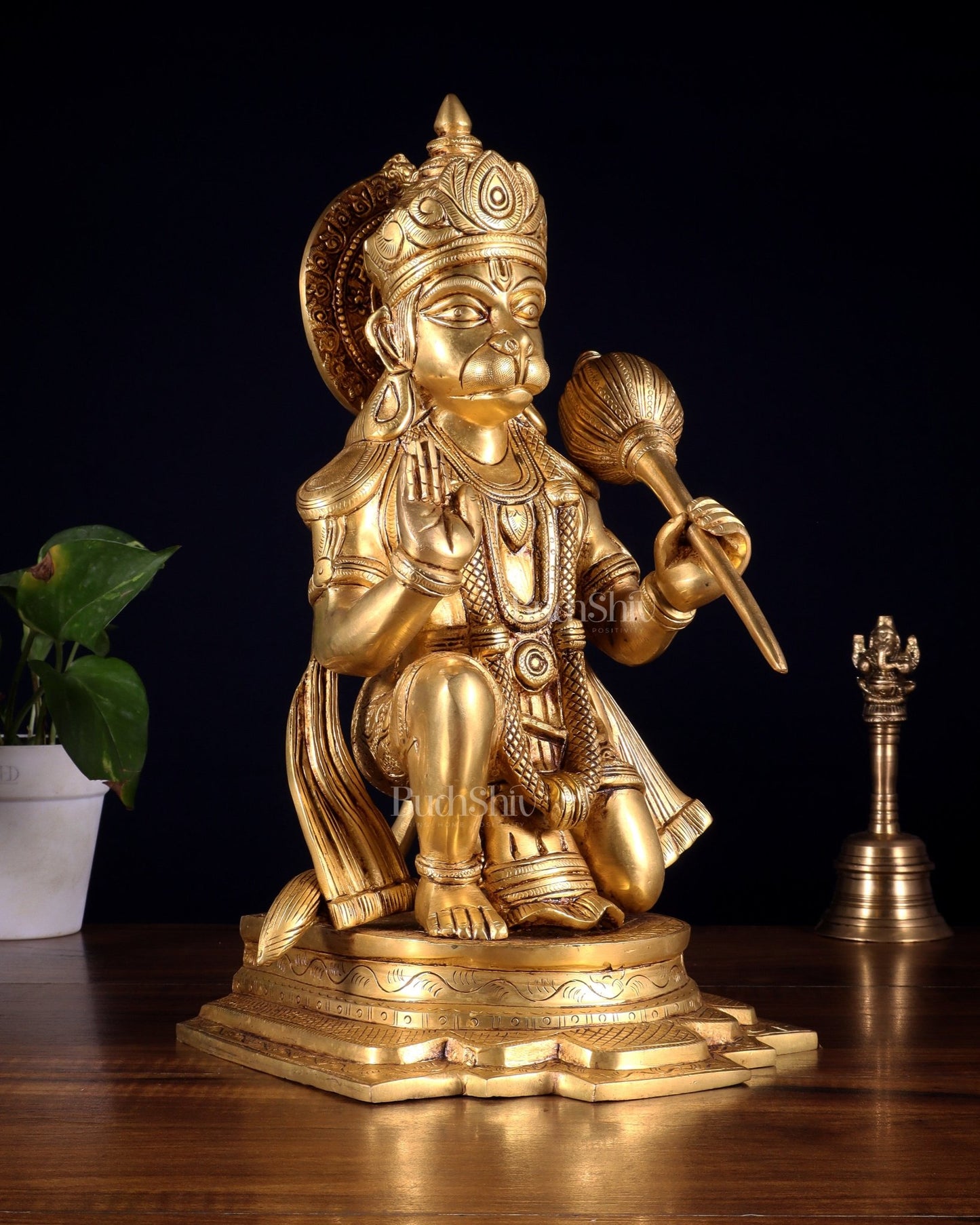 Pure Brass Blessing Hanuman Idol – Kneeling Pose with Right Leg Up 14 inch - Budhshiv.com