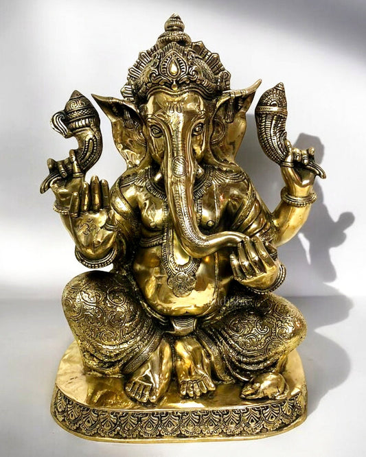 Pure Brass Blessing Lord Ganesha Statue with Base – 21" Height, Superfine Finish - Budhshiv.com