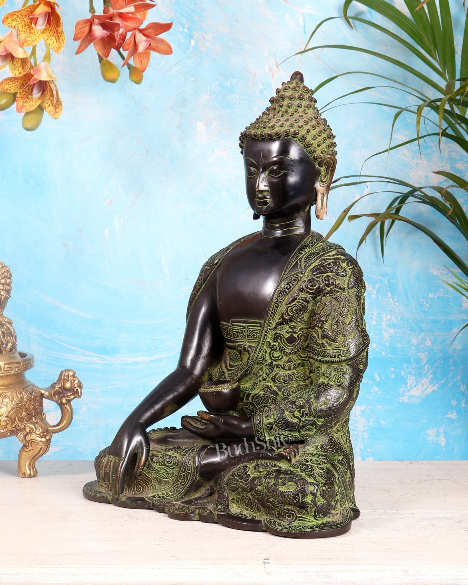 Pure Brass Buddha Bhoomisparsha Nirvana Mudra with Dragon Carvings | 14 inch - Budhshiv.com