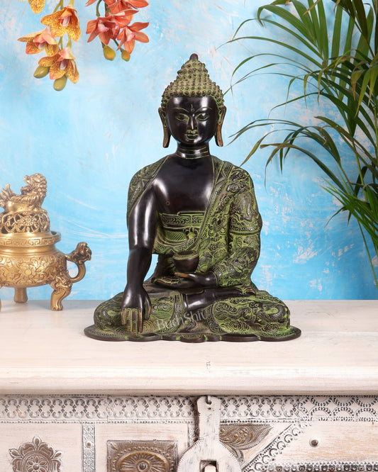 Pure Brass Buddha Bhoomisparsha Nirvana Mudra with Dragon Carvings | 14 inch - Budhshiv.com