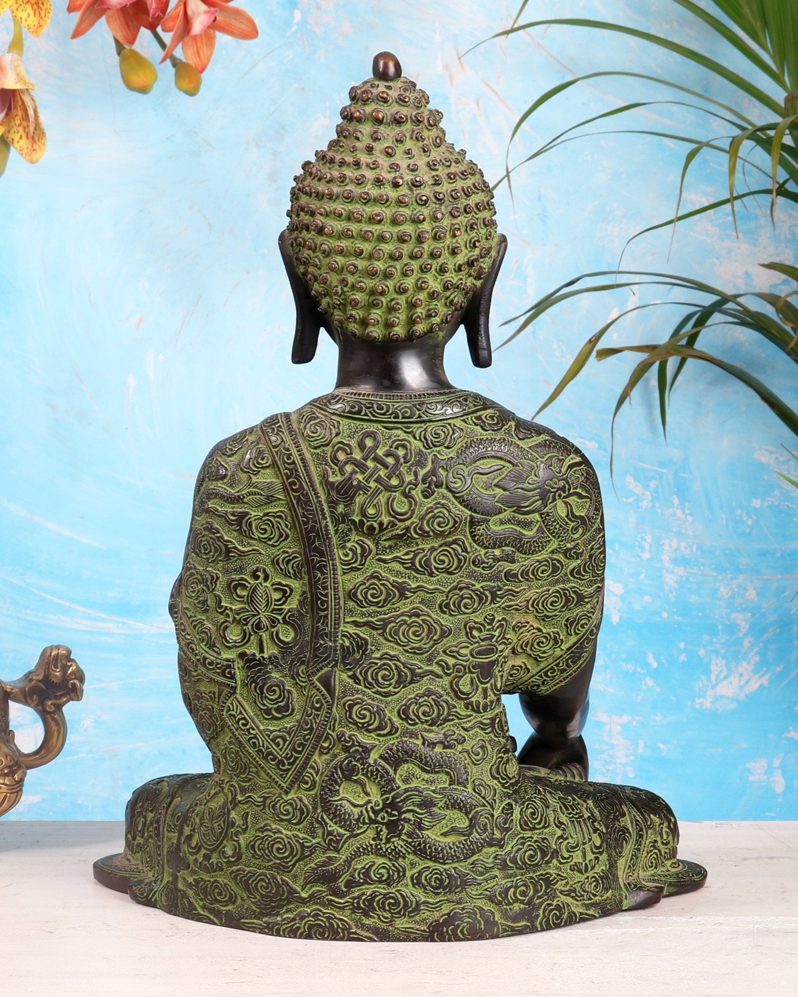 Pure Brass Buddha Bhoomisparsha Nirvana Mudra with Dragon Carvings | 14 inch - Budhshiv.com
