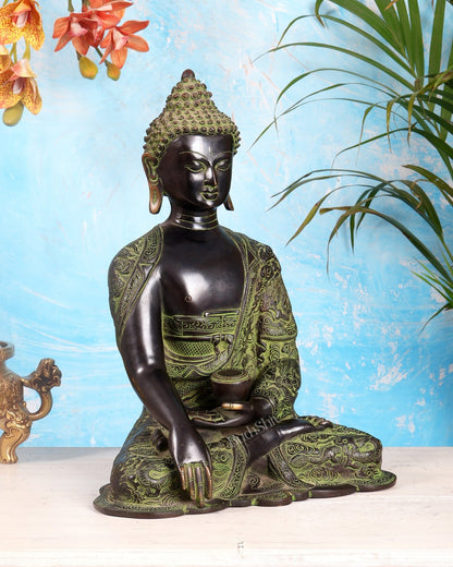 Pure Brass Buddha Bhoomisparsha Nirvana Mudra with Dragon Carvings | 14 inch - Budhshiv.com