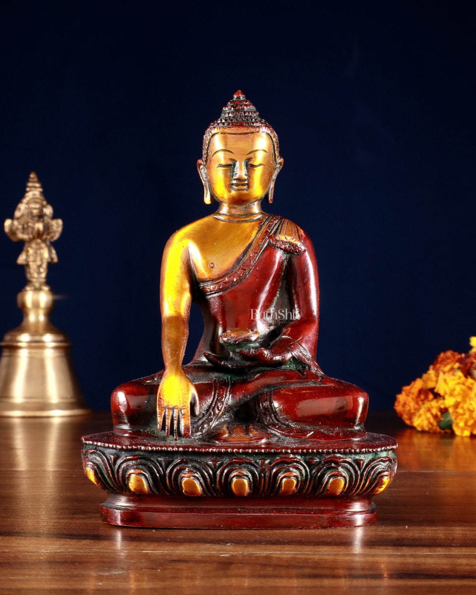 Pure Brass Buddha Bhumisparsha Nirvana Mudra Idol 5.5" - Budhshiv.com