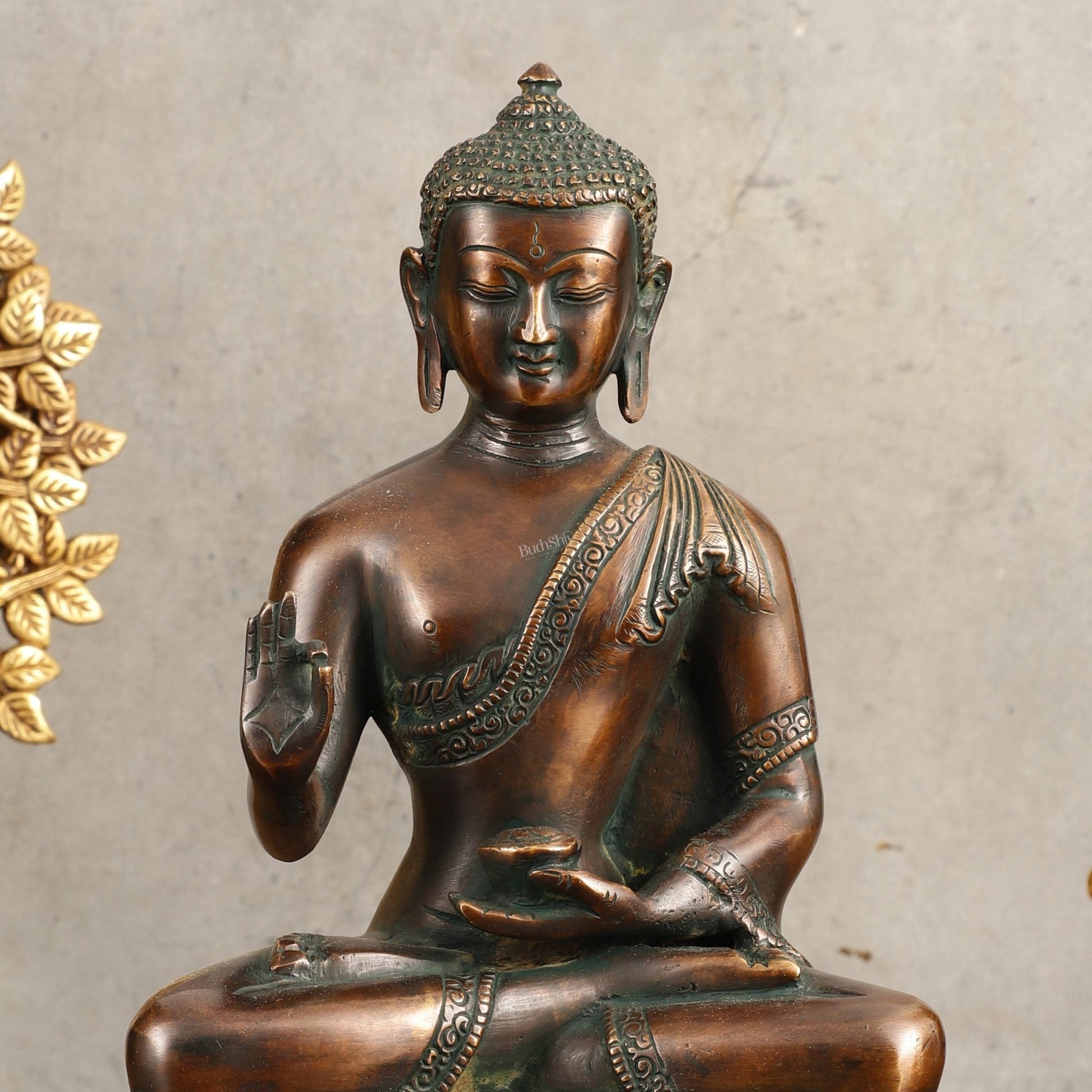 Pure Brass Buddha Blessing Mudra Statue - Antique Tone, 10" Height - Budhshiv.com