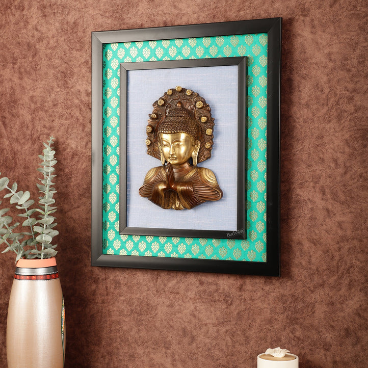 Pure Brass Buddha Bust Anjali Mudra on Wooden Frame with Premium Fabric | 17.5 Inch Wall Hanging - Budhshiv.com