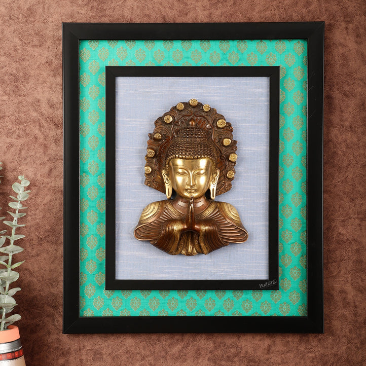 Pure Brass Buddha Bust Anjali Mudra on Wooden Frame with Premium Fabric | 17.5 Inch Wall Hanging - Budhshiv.com