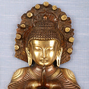 Pure Brass Buddha Bust Anjali Mudra on Wooden Frame with Premium Fabric | 17.5 Inch Wall Hanging - Budhshiv.com