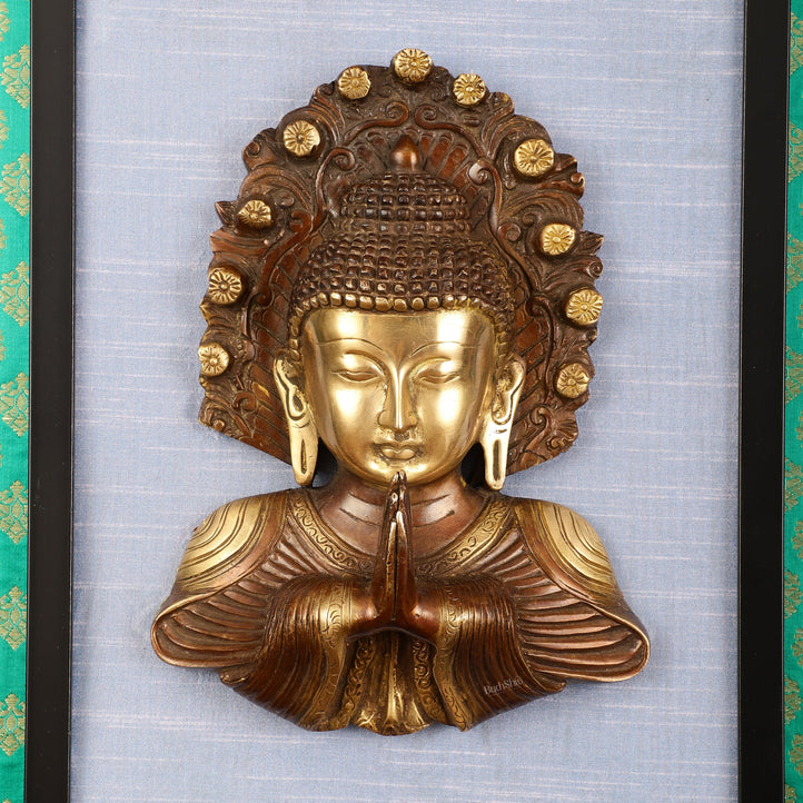 Pure Brass Buddha Bust Anjali Mudra on Wooden Frame with Premium Fabric | 17.5 Inch Wall Hanging - Budhshiv.com