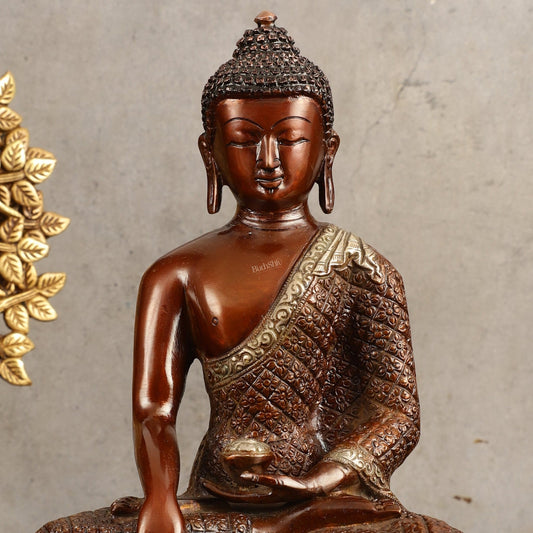 Pure Brass Buddha Hand Down Statue - Nepali Red Finish, 11" Height - Budhshiv.com