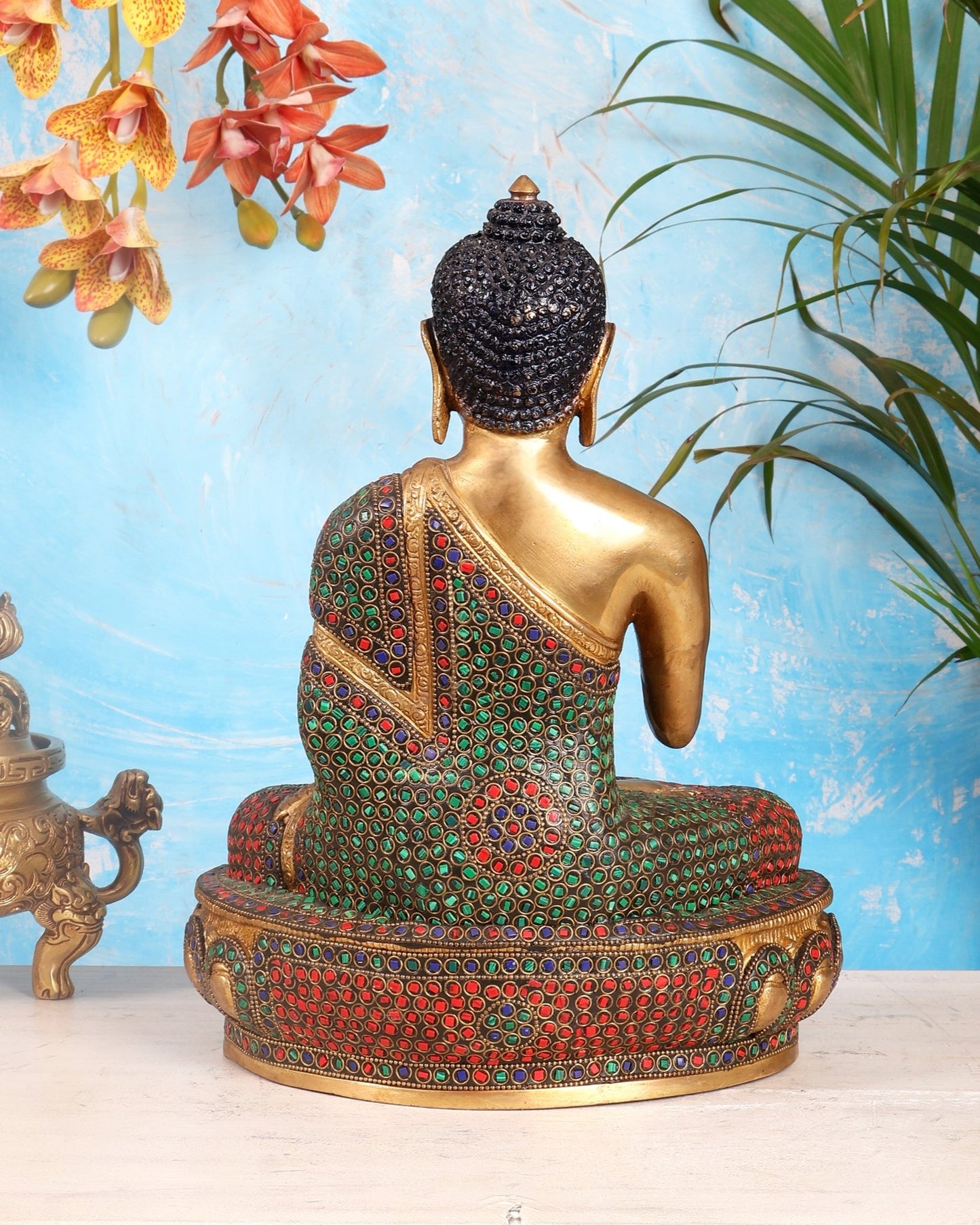 Pure Brass Buddha idol rings stonework - 13.5" - Budhshiv.com