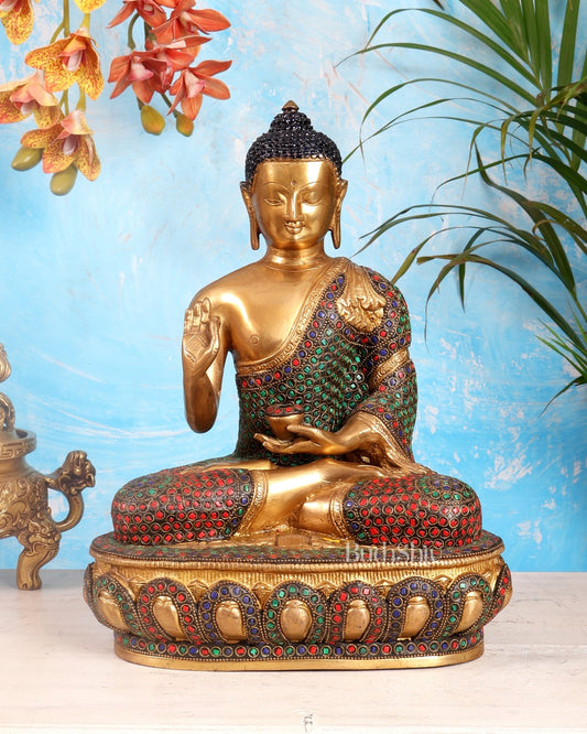 Pure Brass Buddha idol rings stonework - 13.5" - Budhshiv.com