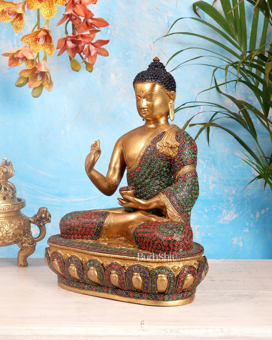 Pure Brass Buddha idol rings stonework - 13.5" - Budhshiv.com