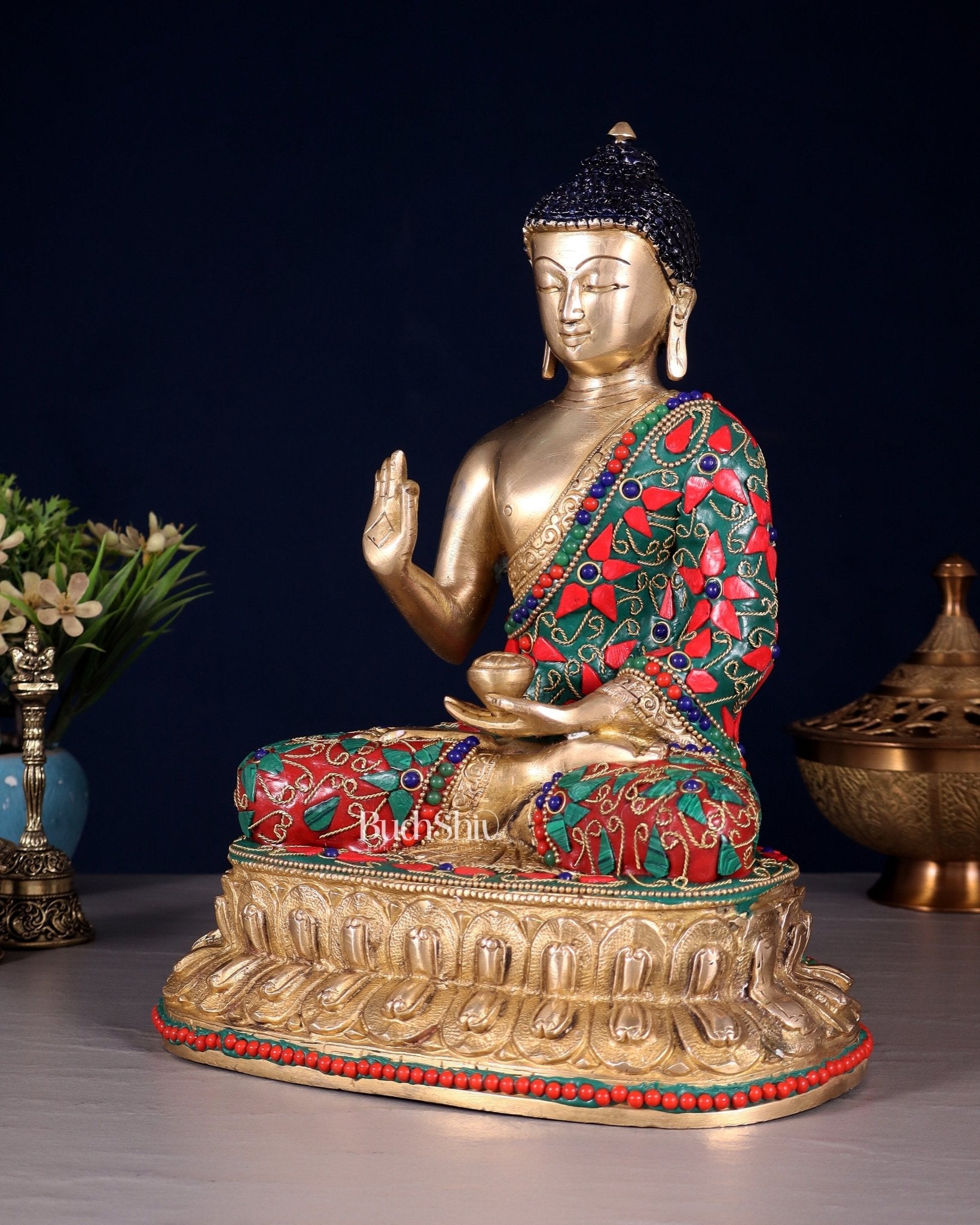 Pure Brass Buddha Idol with Floral Stonework – Unique Design 10.5" - Budhshiv.com