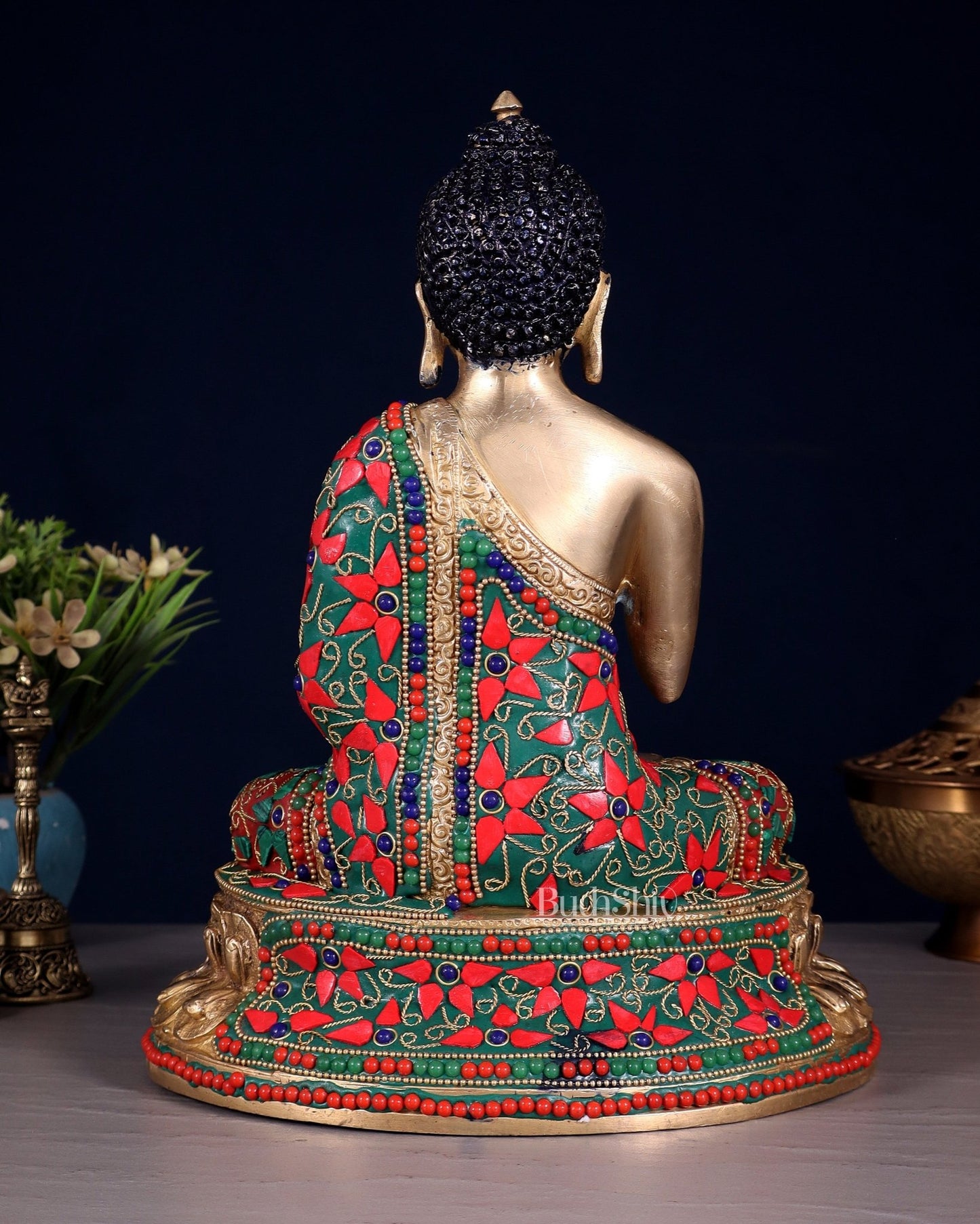 Pure Brass Buddha Idol with Floral Stonework – Unique Design 10.5" - Budhshiv.com