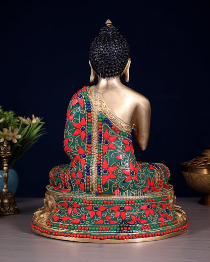 Pure Brass Buddha Idol with Floral Stonework – Unique Design 10.5" - Budhshiv.com