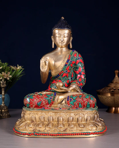 Pure Brass Buddha Idol with Floral Stonework – Unique Design 10.5" - Budhshiv.com
