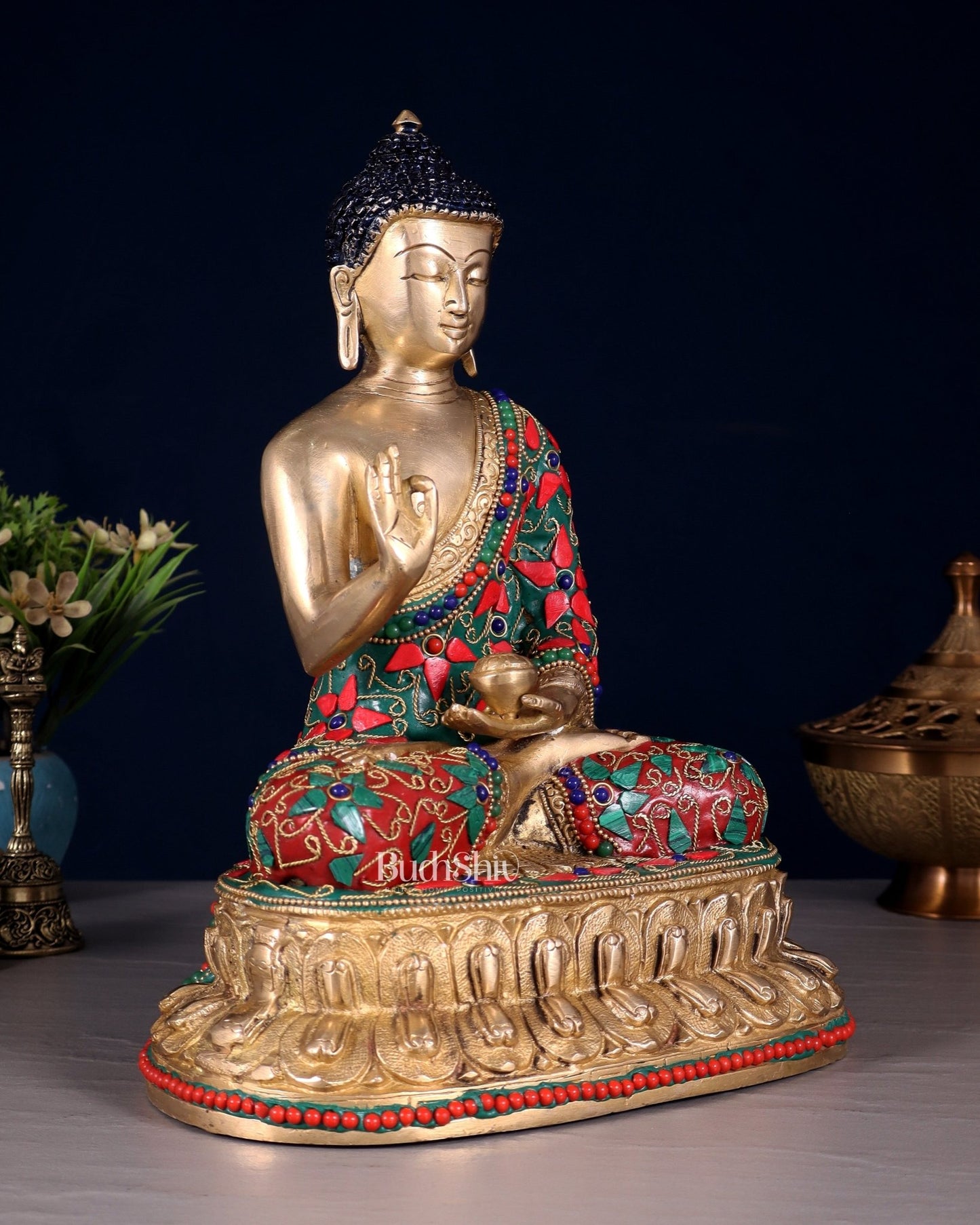 Pure Brass Buddha Idol with Floral Stonework – Unique Design 10.5" - Budhshiv.com