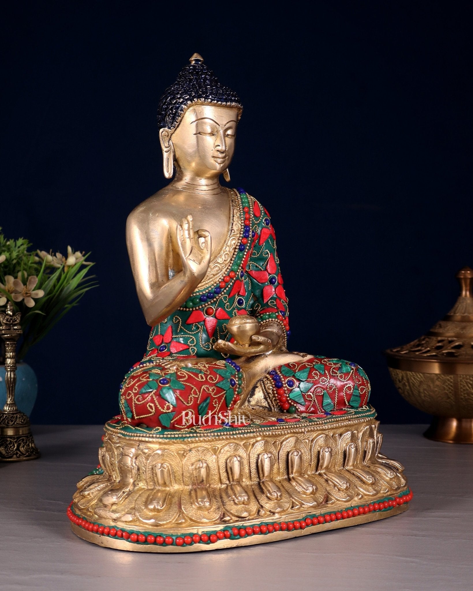 Pure Brass Buddha Idol with Floral Stonework – Unique Design 10.5" - Budhshiv.com