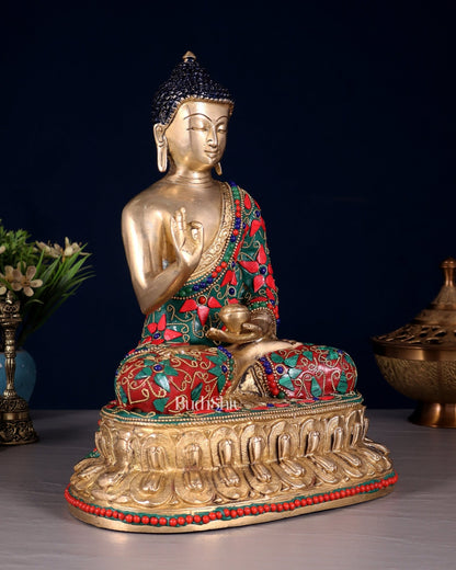 Pure Brass Buddha Idol with Floral Stonework – Unique Design 10.5" - Budhshiv.com