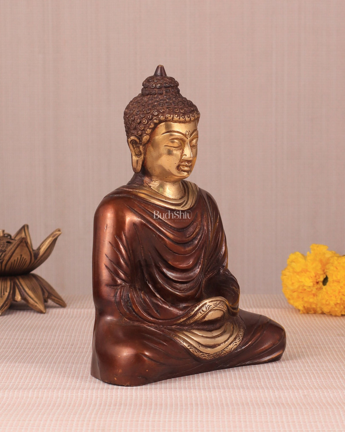 Pure Brass Buddha in Meditation Statue - Dual Tone, 7.5" - Budhshiv.com
